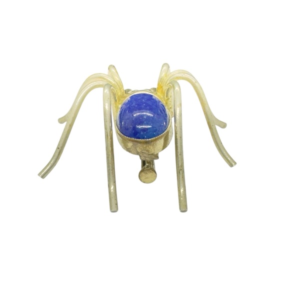 Antique-Vintage Art Deco Tall Brass & Lapis Lazuli Glass Cabochon Spider Brooch - Picture 6 of 10